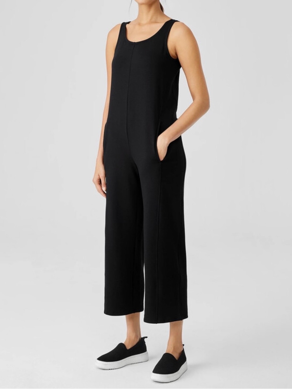 Eileen Fisher Cozy Brushed Terry Hug Jumpsuit Black Cropped Size Large